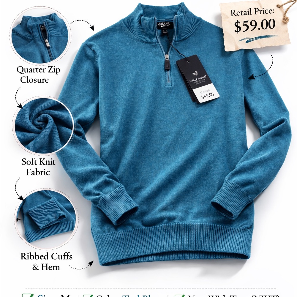 WHBM Men’s Teal Quarter Zip Pullover Size M New With Tags